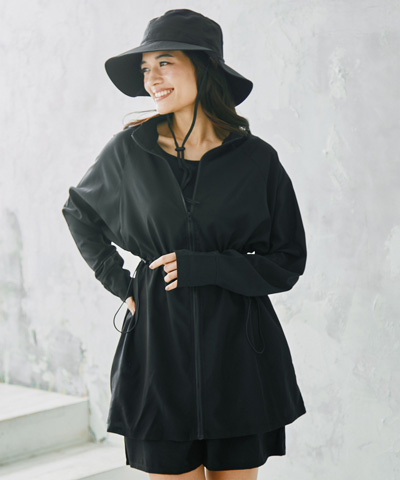 【紫外線防止】【UVカット】 WEB限定5点セット　バケットハット付きUVカットリブタンキニ+ラッシュガードセット水着【BeachQueen(ビーチクイーン）】