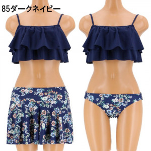 無地×花柄2段フリル3点セットダークネイビー