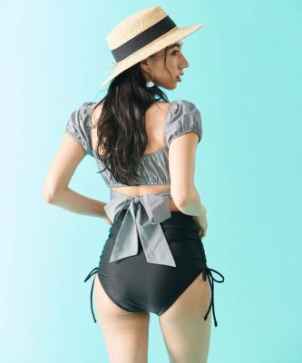 パフスリーブワンピ見えビキニ パフスリーブ ワンピース ビキニ 水着 モノキニ バイカラ- 背中
